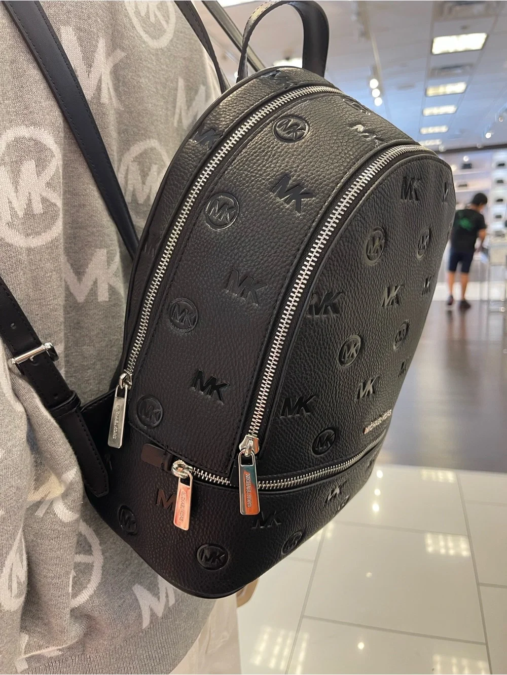 Michael Kors Rhea Medium Zip MK Logo Debossed Backpack Black NWT